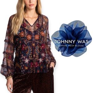 Johnny Was SAPHIRE MESH BLOUSE dark blue mesh with multicolor embroidery Medium
